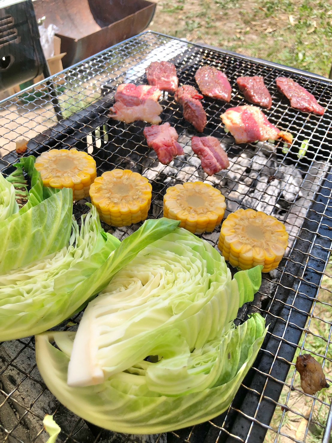 バーベキューの肉ととうもろこし